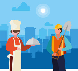 couple of professional workers in cityscape at sunrise