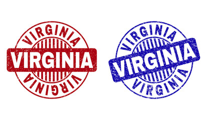 Grunge VIRGINIA round stamp seals isolated on a white background. Round seals with grunge texture in red and blue colors. Vector rubber imitation of VIRGINIA title inside circle form with stripes.