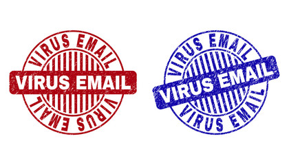 Grunge VIRUS EMAIL round stamp seals isolated on a white background. Round seals with grunge texture in red and blue colors. Vector rubber overlay of VIRUS EMAIL text inside circle form with stripes.