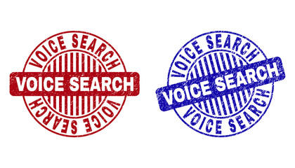 Grunge VOICE SEARCH round stamp seals isolated on a white background. Round seals with grunge texture in red and blue colors.