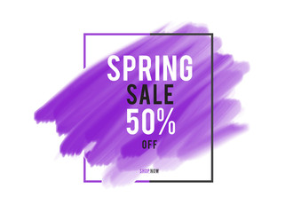 Spring Sale 50% off; Sale banner, purple watercolor art brush stroke with frame, Grunge circle, icon design, Hand drawn design elements, vector brush strokes