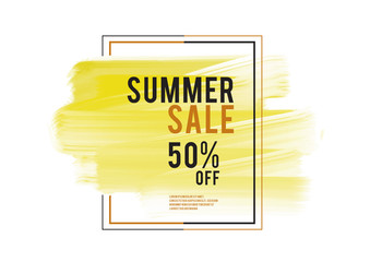 Summer Sale banner, yellow watercolor art brush stroke with frame, Grunge circle, icon design, Hand drawn design elements, vector brush strokes