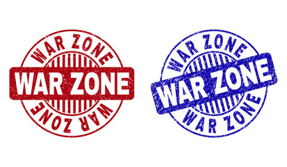 Grunge WAR ZONE round stamp seals isolated on a white background. Round seals with grunge texture in red and blue colors. Vector rubber imitation of WAR ZONE text inside circle form with stripes.