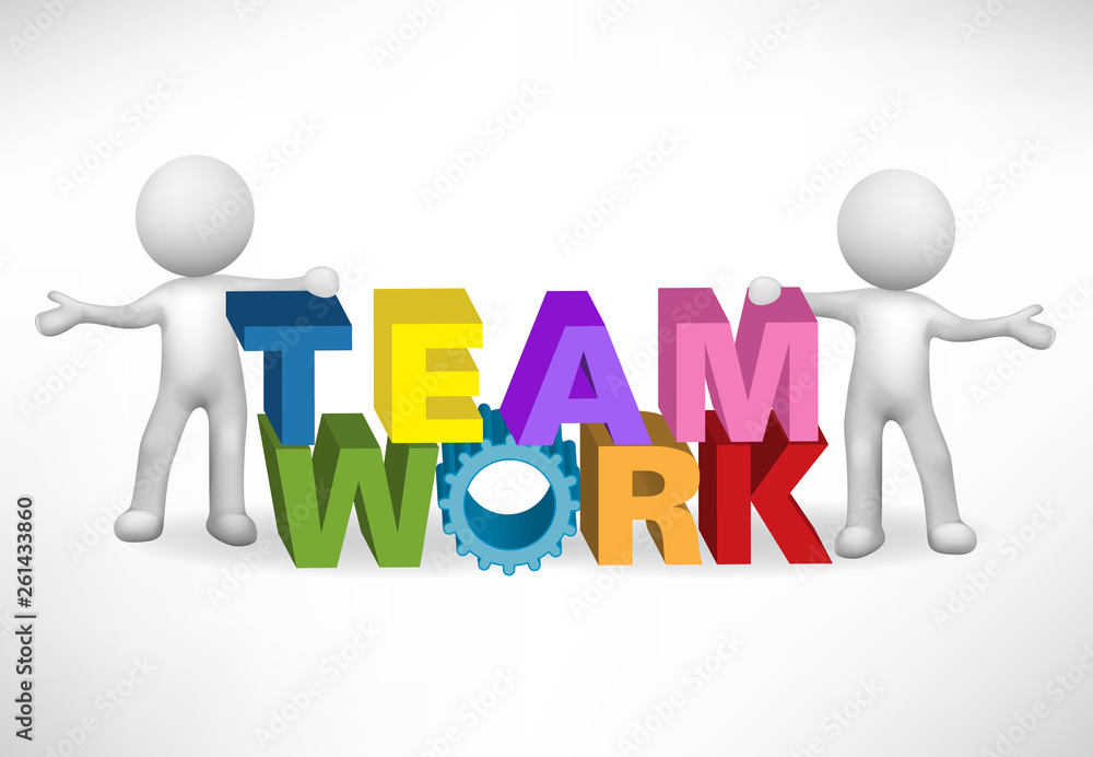 Wall mural 3d Small people with a teamwork colorful 3d word text