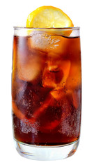 Cola drink with ice cubes and sliced  lemon in a highball glass