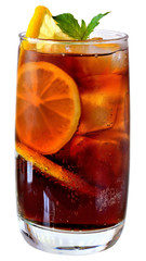 Cola with ice cubes and sliced lemon in a highball glass
