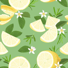 Seamless pattern with rosemary leaves and lemon slice on background template. Vector set of herbal element for advertising, packaging design.
