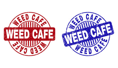 Grunge WEED CAFE round stamp seals isolated on a white background. Round seals with grunge texture in red and blue colors. Vector rubber imitation of WEED CAFE text inside circle form with stripes.