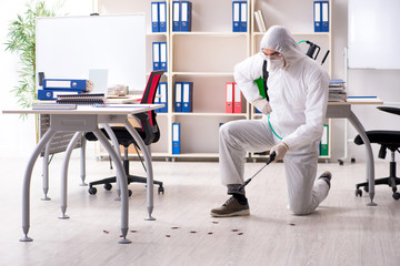 Professional contractor doing pest control at office 