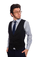 Young businessman in funny concept on white