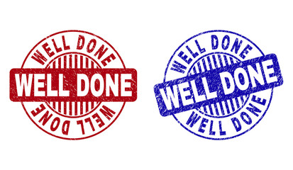 Grunge WELL DONE round stamp seals isolated on a white background. Round seals with grunge texture in red and blue colors. Vector rubber watermark of WELL DONE caption inside circle form with stripes.