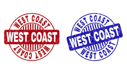 Grunge WEST COAST round stamp seals isolated on a white background. Round seals with grunge texture in red and blue colors.