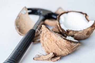 Coconut shell smashed open and into pieces with a hammer