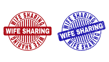 Grunge WIFE SHARING round stamp seals isolated on a white background. Round seals with grunge texture in red and blue colors.
