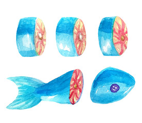 A collection set of pieces of red fish slices. Separate pieces, cut pieces lying nearby, the tail and the head of the fish. Watercolor. On white background isolated.