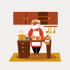 Elderly man cooking in kitchen at home. Vector illustration with white background