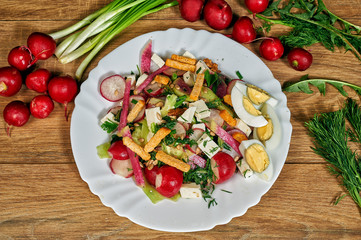 Spring salad in a bowl with radish , herbs , egg and cheese