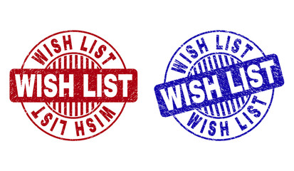 Grunge WISH LIST round stamp seals isolated on a white background. Round seals with grunge texture in red and blue colors. Vector rubber imitation of WISH LIST tag inside circle form with stripes.