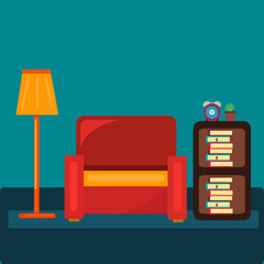 living room concept with armchair ,lamp,  bookcase vector illustration