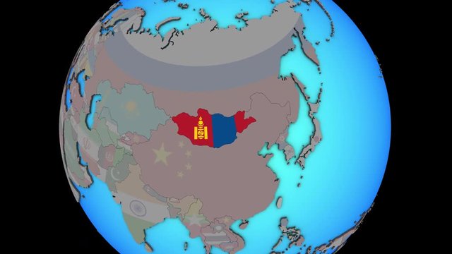 Closing in on Mongolia with embedded national flag on blue political 3D globe. 3D illustration.