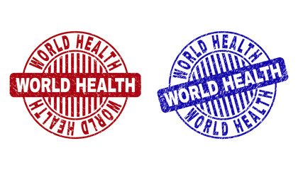 Grunge WORLD HEALTH round stamp seals isolated on a white background. Round seals with grunge texture in red and blue colors.