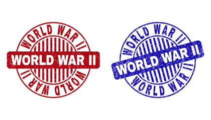 Grunge WORLD WAR II round stamp seals isolated on a white background. Round seals with grunge texture in red and blue colors.