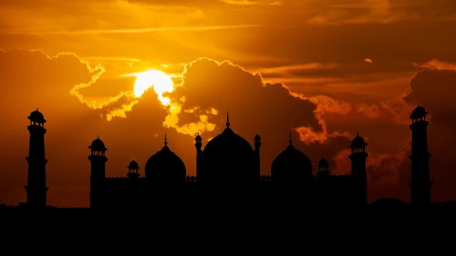 Badshahi Mosque in Silhouette at Sunset, Historic Landmark in Lahore, Pakistan