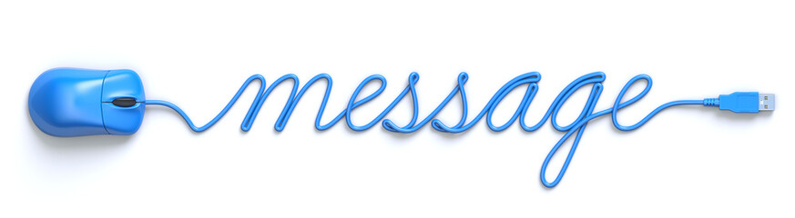 Obraz premium Blue mouse and cable in the shape of message word - 3D illustration