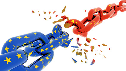 europe eu china crisis and flag chain break suttered in peaces - 3d rendering © sea and sun