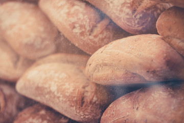white bread rolls or buns at bakery showcase behind the glass