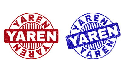 Grunge YAREN round stamp seals isolated on a white background. Round seals with grunge texture in red and blue colors. Vector rubber imitation of YAREN caption inside circle form with stripes.