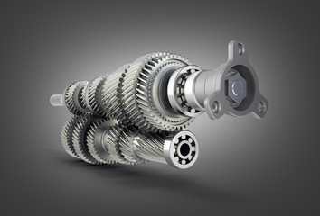 Automotive transmission gearbox Gears inside on black gradient background 3d render