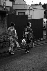 two girls in kimono black and white