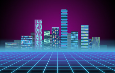 Urban background: futuristic hi-tech city in neon glow. Synthwave, retrowave, abstract metropolis and primitive megalopolis