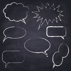 Set of hand drawn speech and thinking bubbles. Different emotional chat boxes. Chalk drawn talk balloons. Chalkboard background. Vector Illustration. 