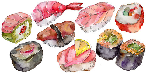 Watercolor sushi set of beautiful tasty japanese food illustration. Hand drawn objects isolated on white background. © yanushkov