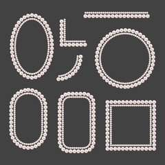 Set of pearl frames isolated on gray background. Vector borders and corners. Cream pearls.