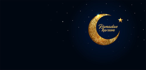 Ramadan Kareem vector background with crescent made from shiny small gold glitter squares, pixel style. Traditional Islamic holy holiday. Creative design greeting card, banner, poster.