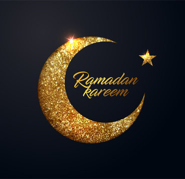 Ramadan Kareem vector background with crescent made from shiny small gold glitter squares, pixel style. Traditional Islamic holy holiday. Creative design greeting card, banner, poster.