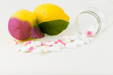 Concept: human GMO manipulation of nature and relative poisoned fruits. Close-up of a lemon...