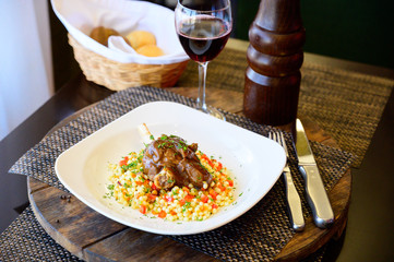 Fried meat with corn sauce on a plate