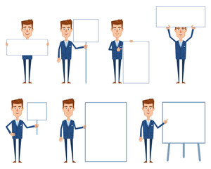 Set of businessman characters posing with different blank banners. Cheerful businessman with paper, poster, placard, pointing to whiteboard, teach, advertise, promote. Flat vector illustration