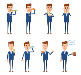 Set of businessman characters posing with different foods and drinks. Man eating fast food, hamburger, pizza, sandwich, noodles soup and drinking water, juice, tea, beer. Vector illustration
