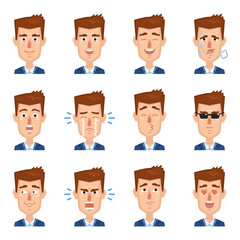 Fototapeta premium Big set of businessman emoticons. Man avatars showing different emotions. Happy, smile, sad, cry, angry, love, surprised, upset, laugh and other facial expressions. Flat style vector illustration