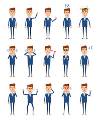 Set of businessman characters showing diverse emotions and actions. Cheerful businessman laughing, surprised, dazed, in love, crying, tired and showing other actions. Flat vector illustration