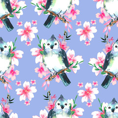 Beautiful hand painted spring background with cute birds and pink sakura blossom. Watercolor illustration. Seamless pattern.