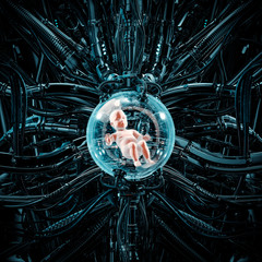 The baby pod / 3D illustration of science fiction scene showing human child asleep inside complex futuristic incubator cloning machinery © grandeduc