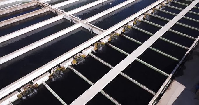 Top view of opened pools with swimming fish in trout fish farm