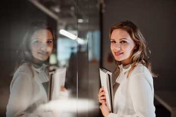 A portrait of young businesswoman in an office, looking at camera.