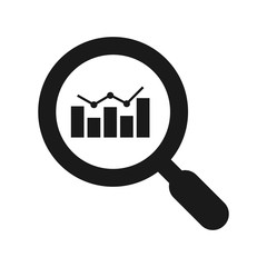 Analytics icon - magnifying glass with bar chart. Financial analysis and business analysis concept. Market research. Data analytics. Statistics.
